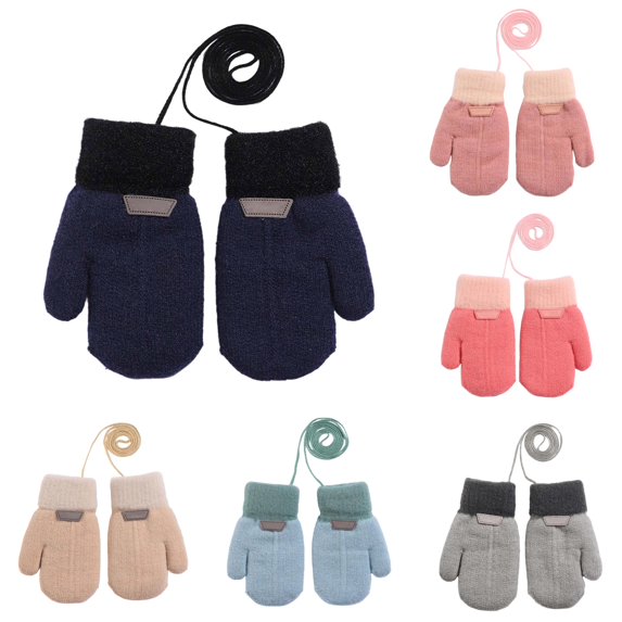 GPOECD Baby Mittens Double Layer Thermal Knitted with Detachable Lanyard Warm Winter Gloves for Boys and Girls Outdoor Activities