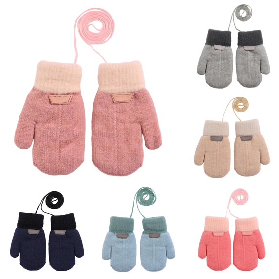 GPOECD Baby Mittens Double Layer Thermal Knitted with Detachable Lanyard Warm Winter Gloves for Boys and Girls Outdoor Activities