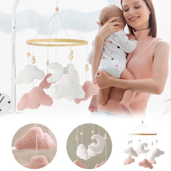 Baby Mobile for Crib Bunny Nursery Mobile for Boys Girls Teddy Velvet Mobile Nursery Decor for Bedroom Hanging Baby Mobile for Bassinet Baby Giftï¼Pink Cloudsï¼