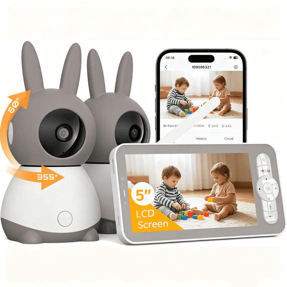 Baby Monitor with 2 FHD cameras, Pan-Tilt-Zoom Video Baby Monitor Camera, 5'' LCD Screen & App Control, Night Vision, Two Way Audio, Cry and Motion Detection, Temp & Humidity Sensor