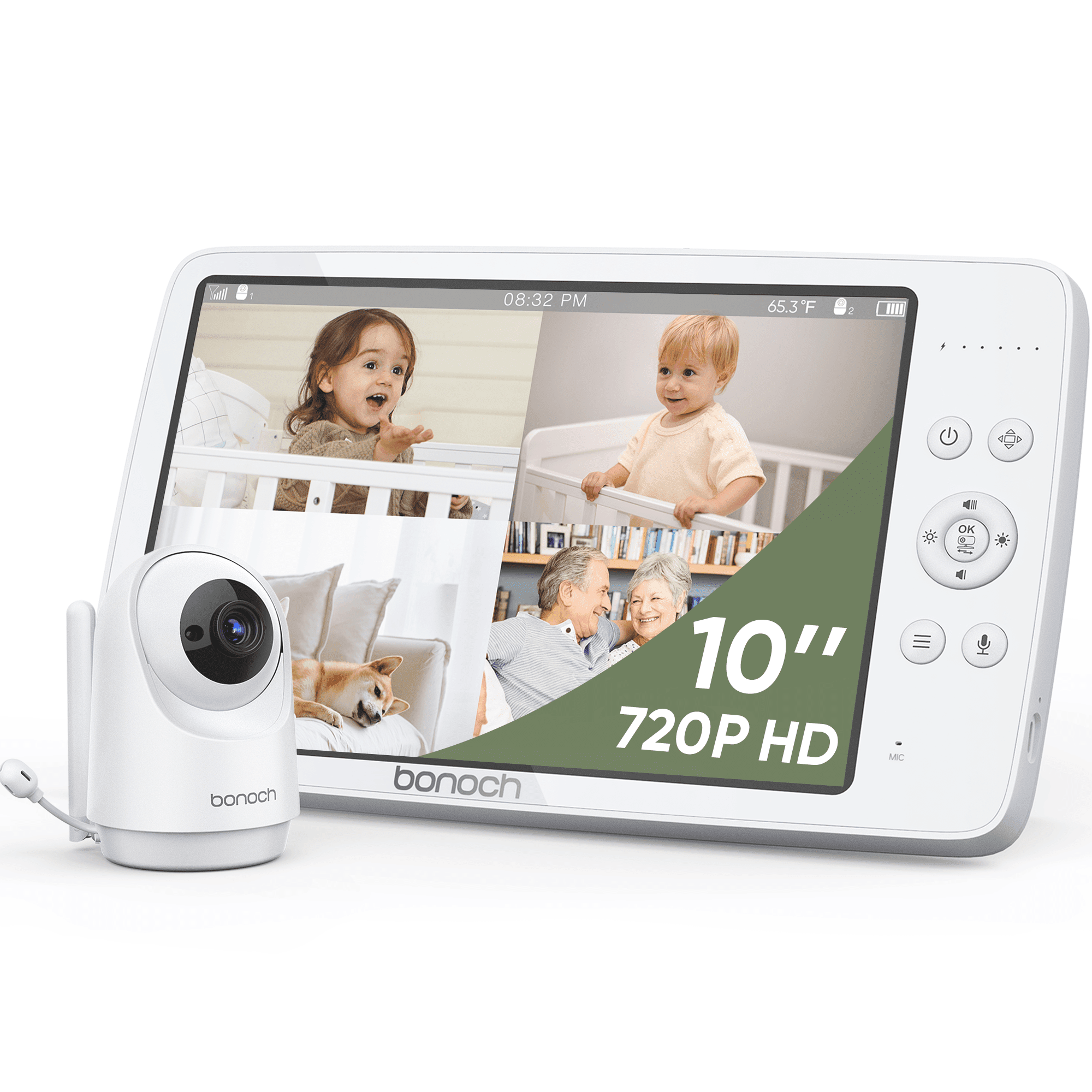 Bonoch Baby Monitor, 10 inch 720P Video Cam, Room Security, Infant Audio, VOX Mode, Remote PTZ