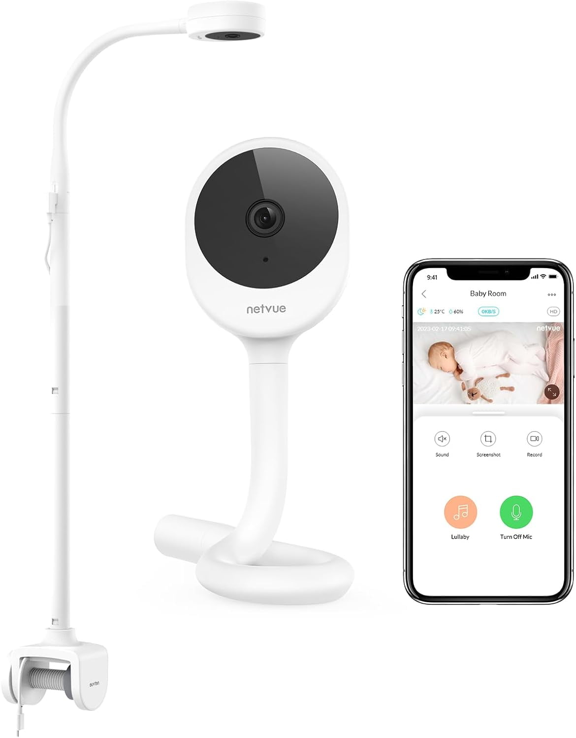 NETVUE Peekababy Baby Camera Monitor, Wireless Baby Monitor with Camera & Audio, 4-in-1 Crib Mount, Smart App, Sleep Analysis & Two-Way Talk