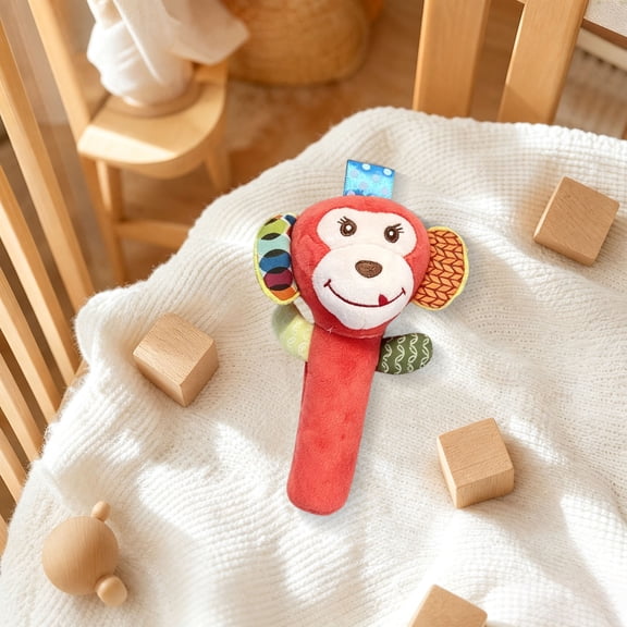 Baby Monkey Animal Hand Rattle, Short Plush Grasping Sensory Toy, 3.94*6.69 In, Indoor & Travel Activity Toy for Newborn Infants