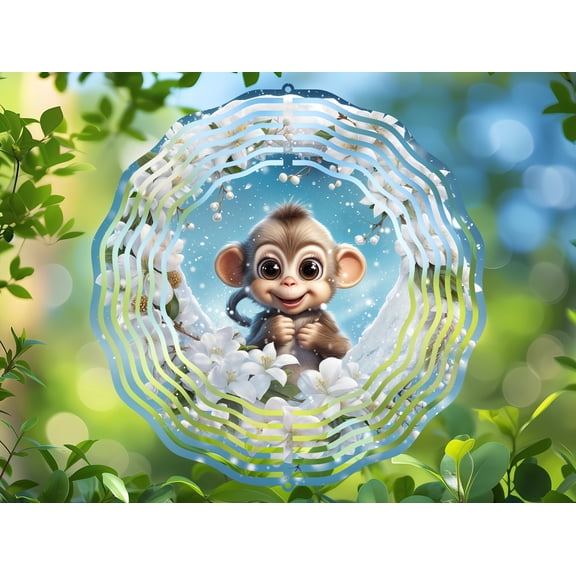 Baby Monkey Christmas Wreath 3D Wind Spinner, Cute Holiday Kinetic Hanging Art for Winter Decor