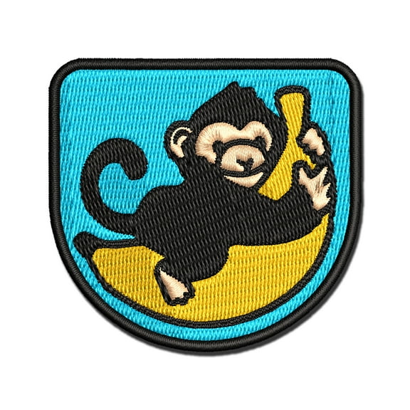 Baby Monkey Hugging Big Banana Applique Multi-Color Embroidered Iron-On Patch - 3 Inch Medium