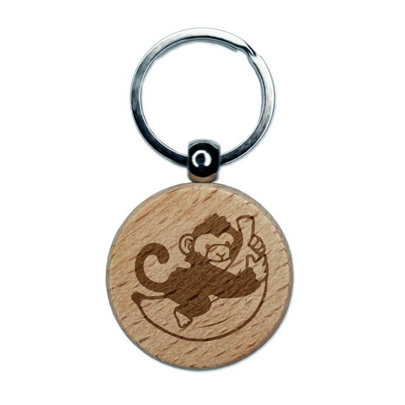 Baby Monkey Hugging Big Banana Round Keychain Charm Tag - Engraved Wood