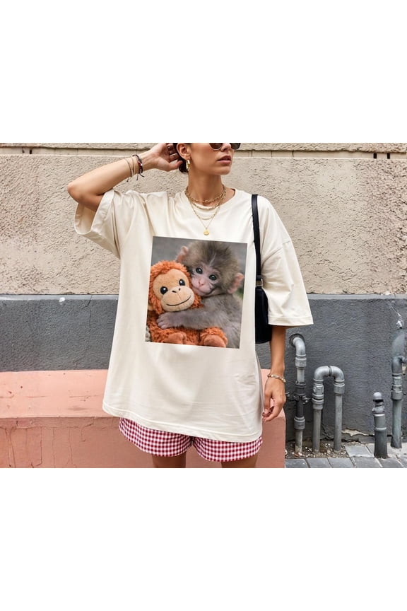 Baby Monkey Hugging Plush Toy Photo Graphic Shirt, Monkey Punch Animal Companion Artwork Comfort Colors Unisex Cotton T-Shirt, Sizes S-3XL