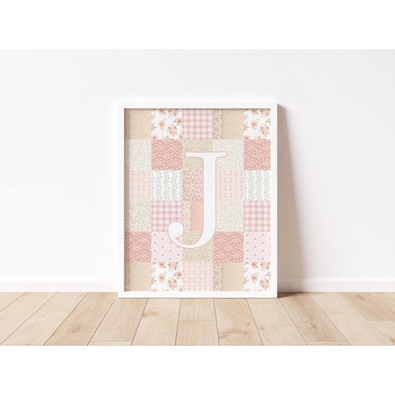 Baby Monogram Art, Baby Girl Monogram, Patchwork Monogram Initial , Nursery Decor, Baby Girl Nursery Wall Art, Pink Monogram Art Home Decor #566, Stretched Canvas Size 8x12
