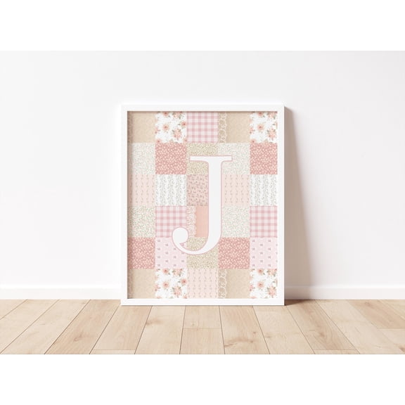 Baby Monogram Art, Baby Girl Monogram, Patchwork Monogram Initial , Nursery Decor, Baby Girl Nursery Wall Art, Pink Monogram Art Home Decor #566, Stretched Canvas Size 16x24