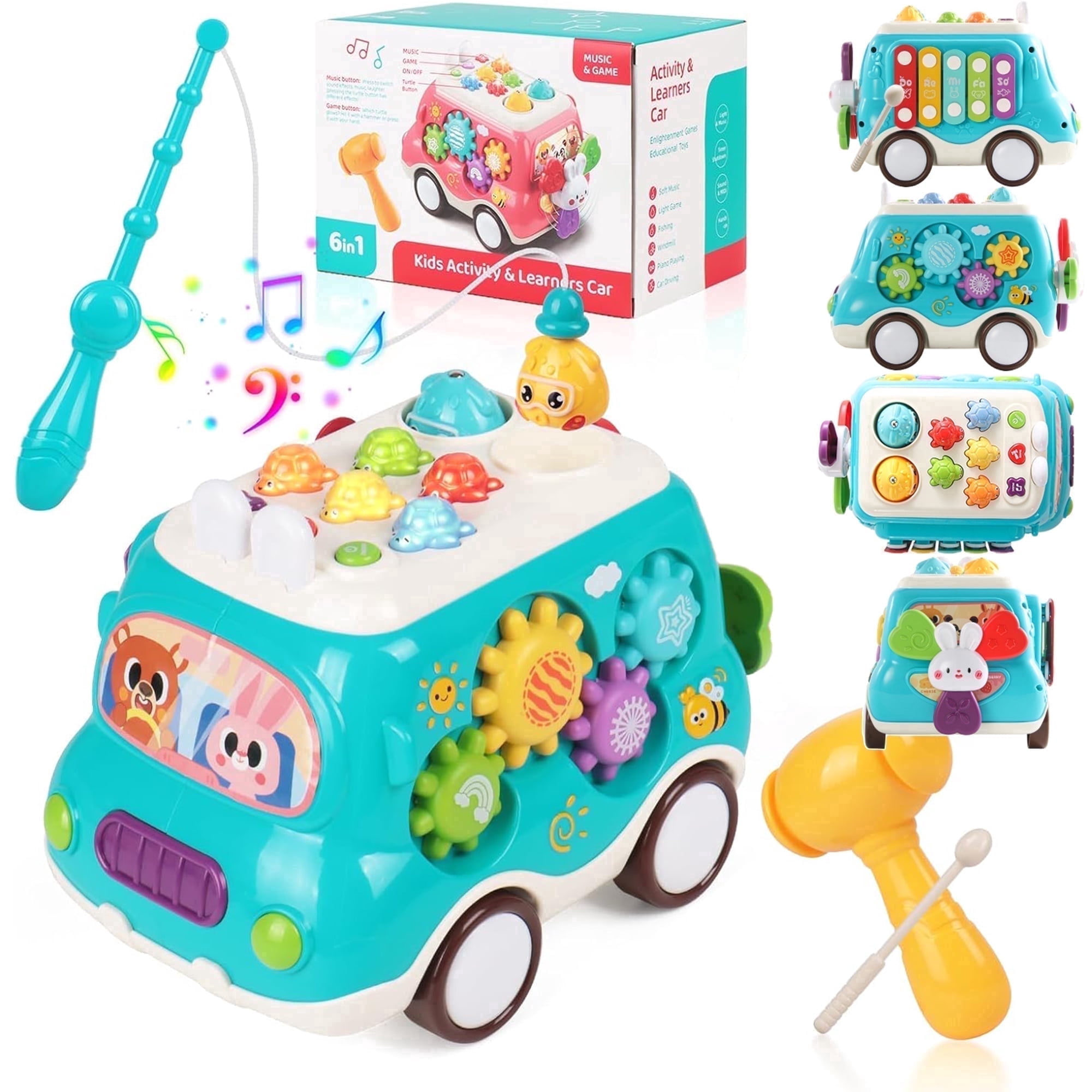 Baby Montessori Toys,6-in-1 Musical Bus Toys for Toddlers,Montessori Sensory Toys with Xylophone,Whack A Mole,Fishing Game,Montessori Sensory Toys for 2 3 4 Year Old,1st Birthday Gifts for Girls Boys