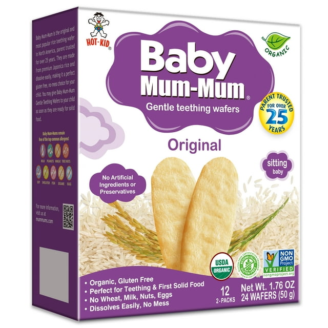 Baby Mum-Mum Organic Original Rice Rusks, Gentle Teething Wafers Baby Snack - 1.76 Oz Box (6 Pack)