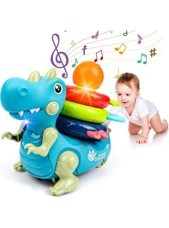 Baby Musical Crawling Toy Aged 6-12 Months, Dinosaur Toddler Walking and Stacking Toys with Music & Light, Infant Learning Tummy Play Time Toy Gift for Boys Girls