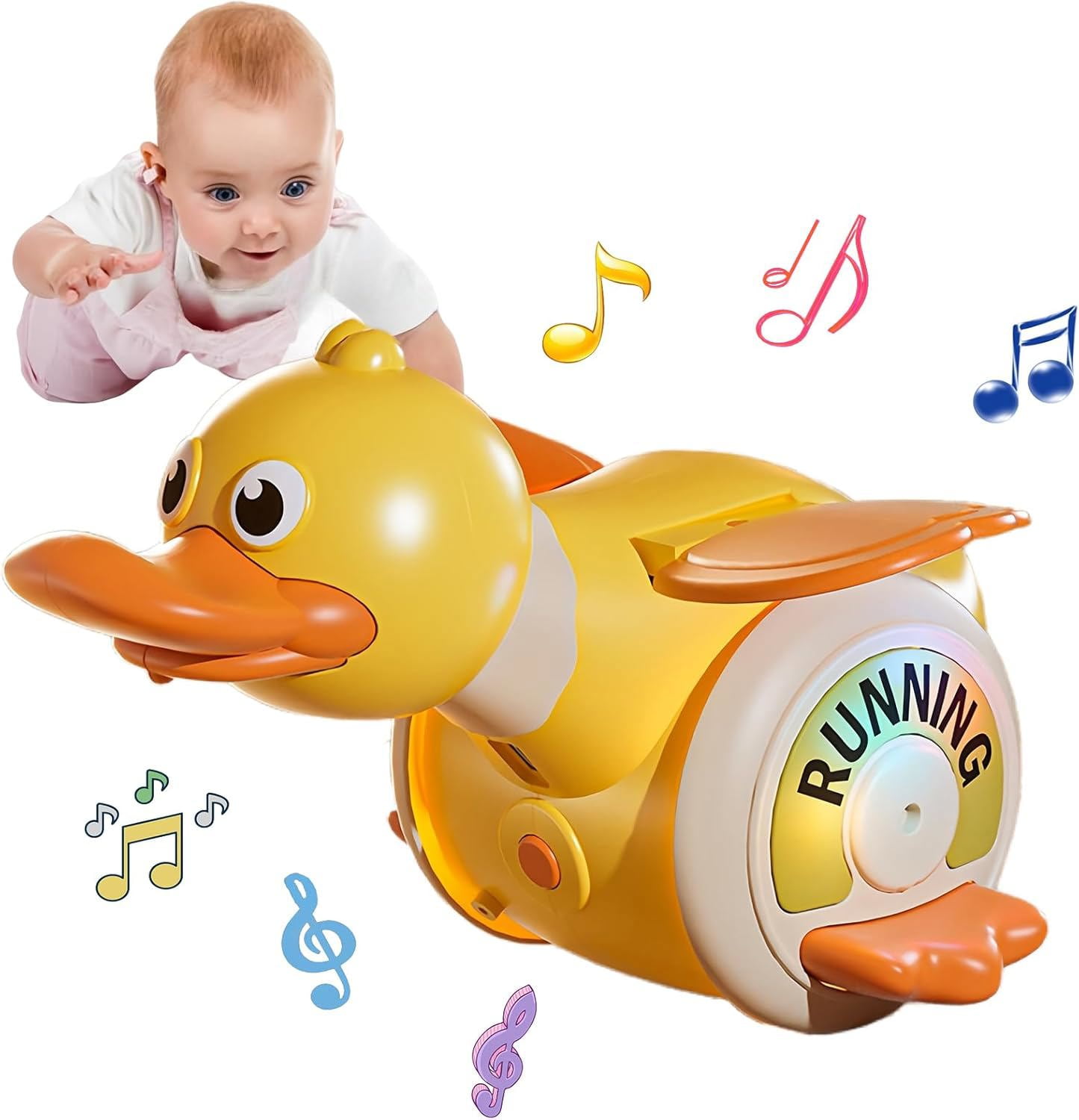 Baby Musical Duck Toys, Cute Running Duck Crawling Toys with Light & Music, Increase Baby Tummy Time Toys, Great Musical Crawl Toys for Infant 12-18 Months(Yellow)