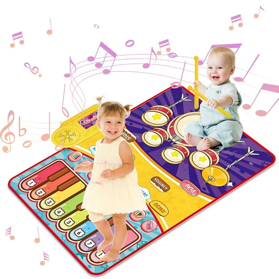 Baby Musical Mat, 2 in 1 Piano Keyboard & Drum Set with 2 Drum Sticks, Piano Mat Infant Music Toy Birthday Gifts for 1 2 3 Year Old Boys Girls, Blue