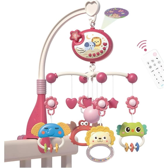 Baby Musical Side Crib Mobile with Lights Projector Hanging Toys Remote Control,Spinning Music Box,Remote Control Music Box Mobile Projector for Newborn Boy Girl Toddles Sleep 0-6 Month (Red)