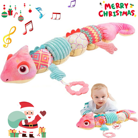 Ludolm Baby Toys 0-12 Months, Infant Baby Musical Stuffed Animal Toys, Soft Sensory Toys with Crinkle and Rattles, Tummy Time Toys for Newborn Boys Girls Gift, Pink Chameleon 23 Inch