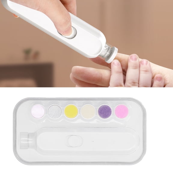 Baby Nail File, Electric Nail Clipper, White Portable Multiple Use Baby Nail Buffer with Trimmer Replacement Head and Storage Box Not Damage The Cuticle or Soft Nail Bed