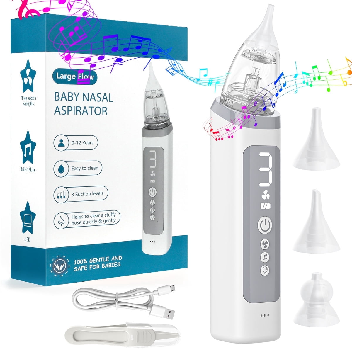 Baby Nasal Aspirator, Electric Baby Nose Booger Sucker IPX7 Waterproof Automatic Nose Cleaner with 3 Silicone Tips, 3 Levels Suction, Music & Colorful Light for Toddler Kids Infants Child