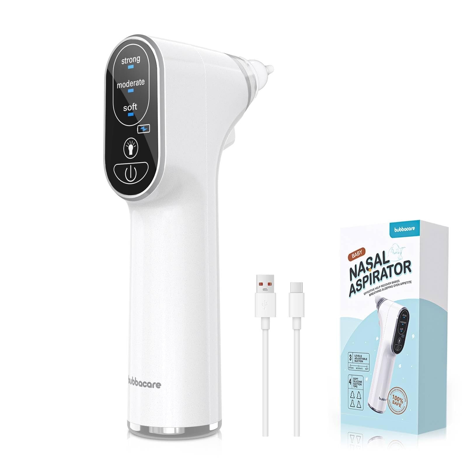 Baby Nasal Aspirator, Electric Nasal Aspirator for Baby with LED Light, Baby Nose Cleaner with 4 Silicone Nozzles & 3 Suction Levels, Rechargeable Nose Sucker for Newborn, Toddler and Infant