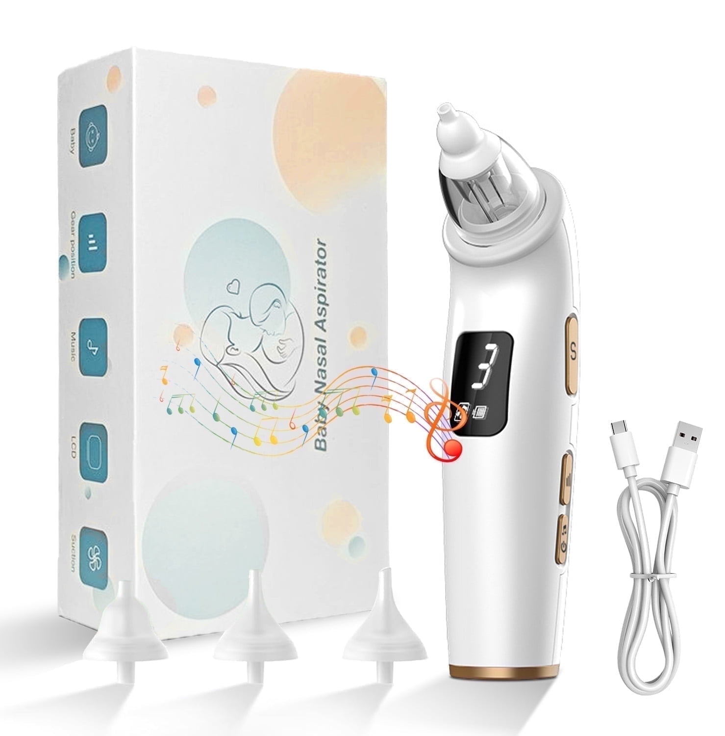 Quanmin Rechargeable Electric Baby Nasal Aspirator, Baby Nose Sucker 3 Suction Levels, Music Function, 3 Silicone Tips