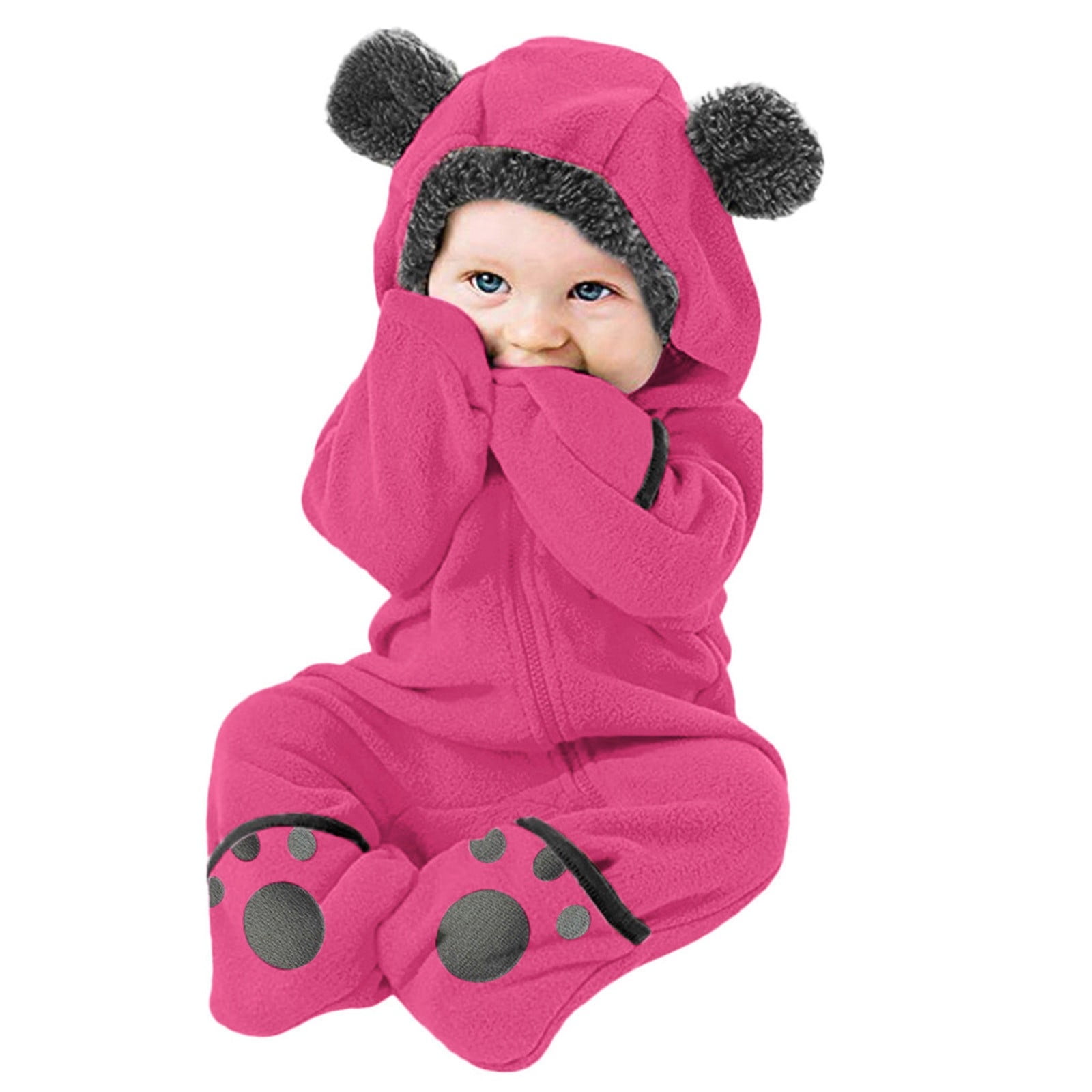 JiAmy Baby sneeuwpak met capuchon romper winteroutfits jongens meisjes cartoon beer fleece jumpsuit wit konijntje 0-3 maanden
