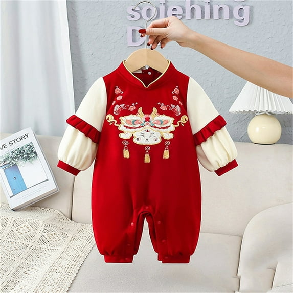 Baby Girls Boy Romper Long Sleeve Spring Festival Print Chinese New Year Outfit Baby New Year Outfit Cute Baby Romper 12-18 Months