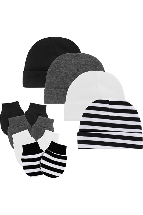 Baby Newborn Hats and Mittens Set 0-6 Months Cotton Beanie Top Knot for Baby Boys Girls Winter