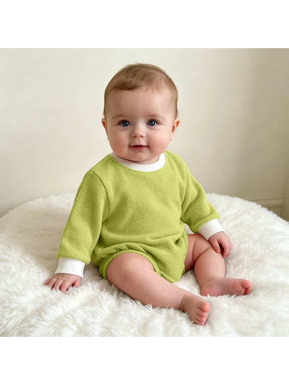 Baby Newborn Waffle Bodysuit Long Sleeve Crewneck Onesie Infant Unisex Boys Girls Winter Warm Base Layer Bodysuit Green 0-3 Months