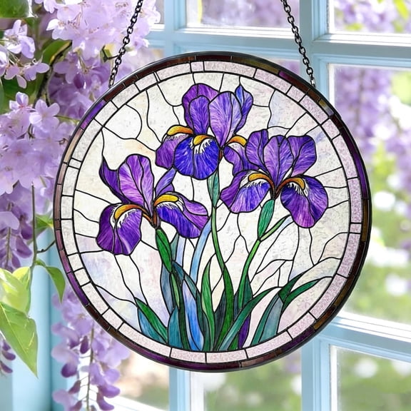 Purple Irises Stained Glass Suncatcher: Iris Flowers Window Hanging, February Birth Month Flower Gift