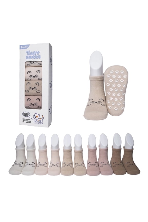 Baby Grip Socks Gift Set, 5 Pairs, Non Slip Cotton Socks for Crawling Infants, Neutral Colors, 6-12 Months