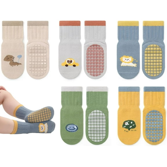 Baby Non Slip Socks - 5 Pairs Toddler Socks with Grips Kids All Weather Crew Length Anti Skid Soles Socks