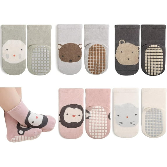Baby Non Slip Socks - 5 Pairs Toddler Socks with Grips Kids All Weather Crew Length Anti Skid Soles Socks