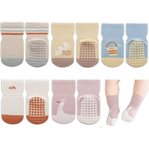 Baby Non Slip Socks - 5 Pairs Toddler Socks with Grips Kids All Weather Crew Length Anti Skid Soles Socks