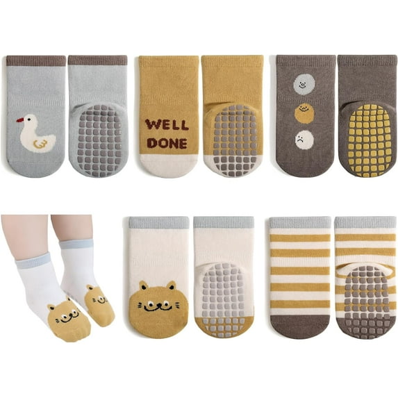 Baby Non Slip Socks - 5 Pairs Toddler Socks with Grips Kids All Weather Crew Length Anti Skid Soles Socks