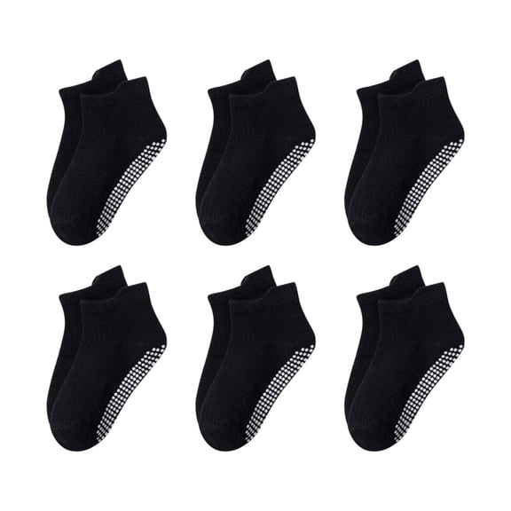 Baby Non Slip Socks, 6 Pairs Toddler Ankle Socks with Grippers, Comfort Cotton Ankle Socks for Baby Boys and Girls Black 1 years