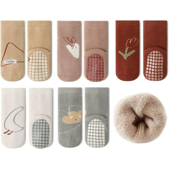 Baby Non Slip Socks Winter 5 Pairs Kid Thick Warm Crew Socks with Grips