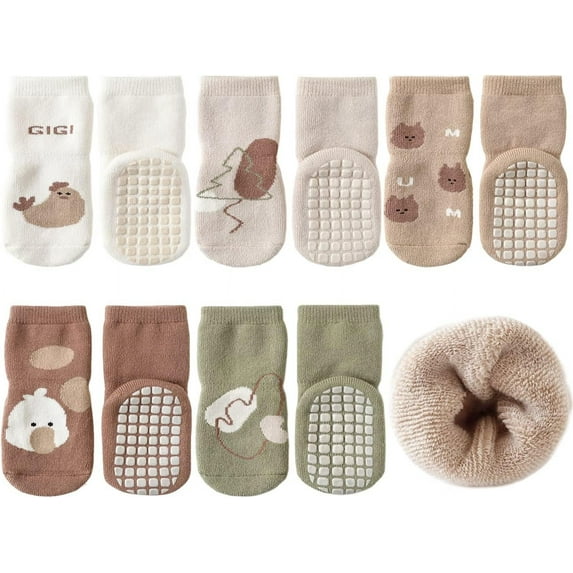 Baby Non Slip Socks Winter 5 Pairs Kid Thick Warm Crew Socks with Grips