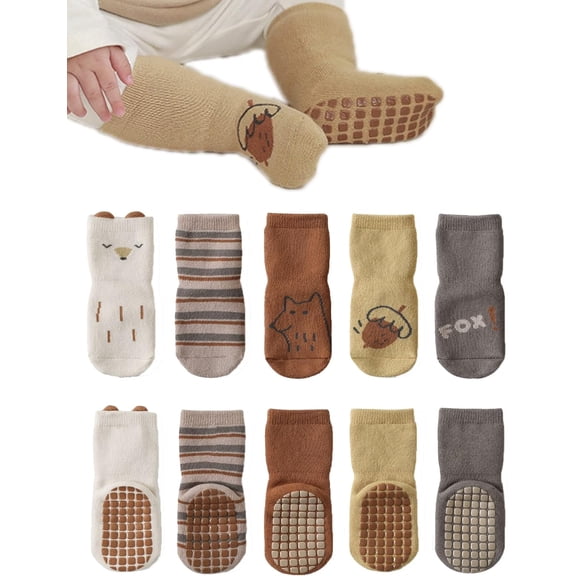 Baby Non-skid Grip Socks Toddler Socks Warm Thick Anti Skid Slipper Crew Socks for Girls Boys Newborn Infant 5 Pairs