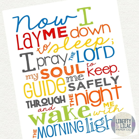 Baby Nursery Art Gender Neutral Primary Colors Now I Lay Me Down to Sleep Bedtime Prayer Christian Art Bible Verse Red Blue Yellow Green Baby Shower Gift Christening Gift Baptism Gift 8x10