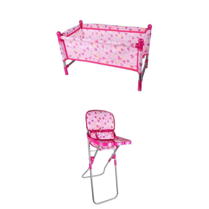 Baby Nursery Room Furniture Decor Doll Pink High Chair Bed Play Toy