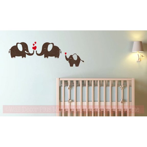 Baby Nursery Wall Decor Sticker Elephant Family Hearts Vinyl Art Decals Chocolate Brown/Cherry Red