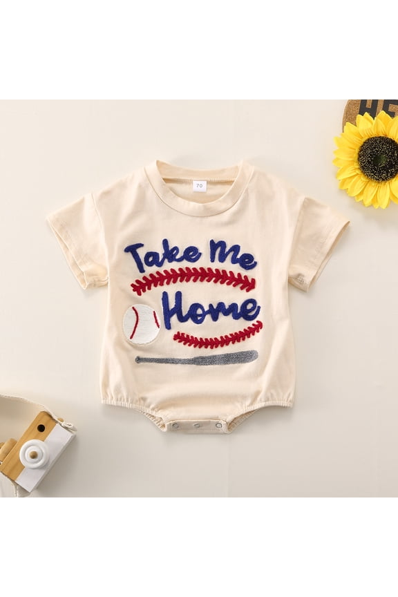 Baby Onesie Infant Boys Girls Short Sleeve Baseball Letter Embroidered Romper Baby Rompers Girl Beige 12-18 Months