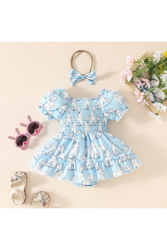 Baby Onesie Infant Girls Short Sleeve Easter Carrot Print Bubble Romper with Headband Baby Girl Romper Blue 3-6 Months