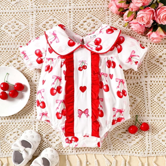 Baby Onesie Infant Girls Short Sleeve Ruffle Cherry Print Bodysuit Baby Bodysuit Red 6-12 Months