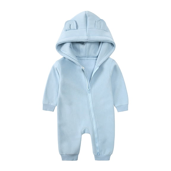 Baby Onesie Jumpsuits Cotton Fleece Bodysuit Front Zipper Cute Bear Ears Hooded Romper Coverall Outfits (6 Months, Light Blue)