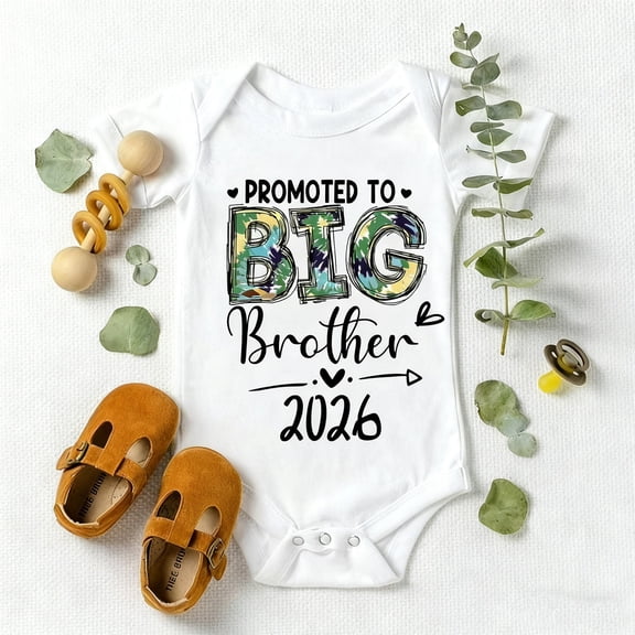 Baby Onesie or Bodysuit with "Promoted to Big Brother" Print, White Round Neck Romper for Sibling Announcement, New Big Brother Gift & Photo Outfit