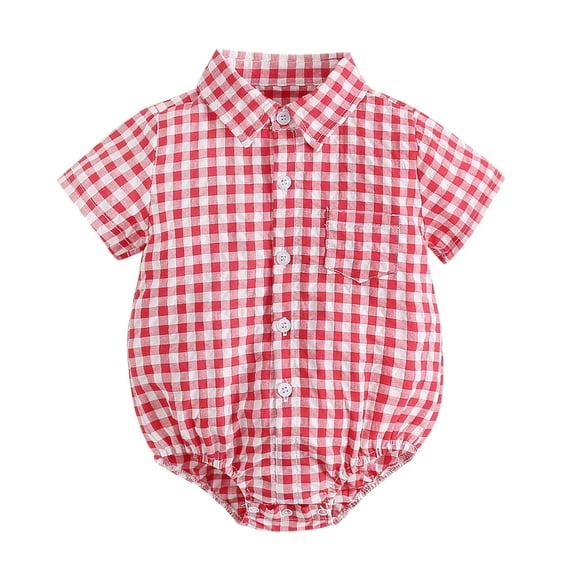 Baby Onesies Baby Boy Bodysuits Kids Girls Short Sleeve Patchwork Plaid Shirt One Piece Romper Red 12-18 Months