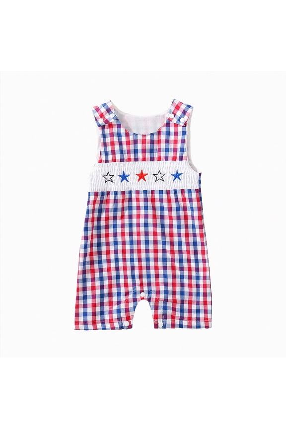Baby Onesies Boy 4th of July Baby Clothes Newborn Girl Boy Smocked Bubble Romper Flag Plaid Overalls Infant First 4th of July Outfit