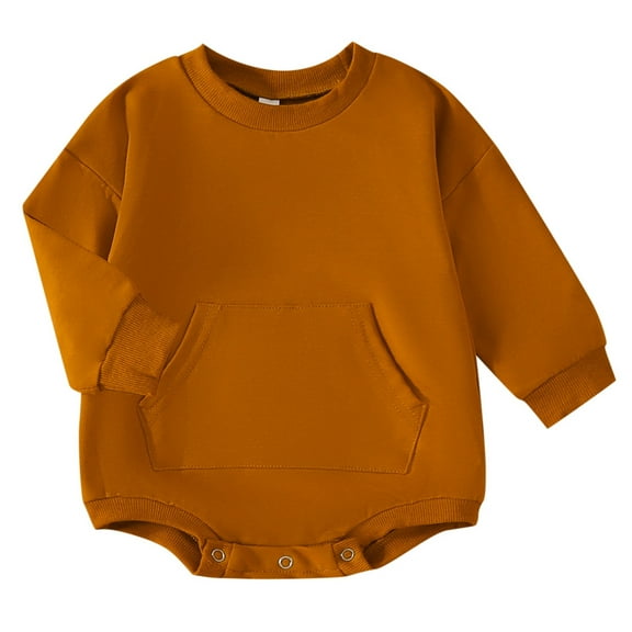Baby Onesies Boy Girl Sweatshirt Romper Solid Color Crewneck Sweater Onesie Oversized Long Sleeve Bodysuit With Pocket(Size:3-6 Months)