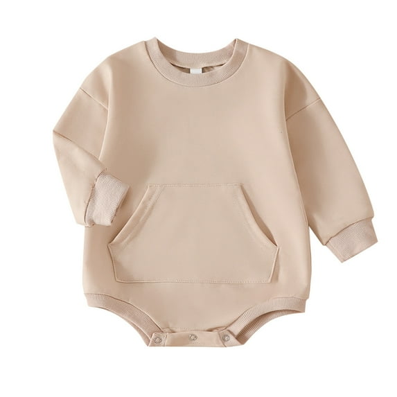 Baby Onesies Boy Girl Sweatshirt Romper Solid Color Crewneck Sweater Onesie Oversized Long Sleeve Bodysuit With Pocket(Size:6-12 Months)